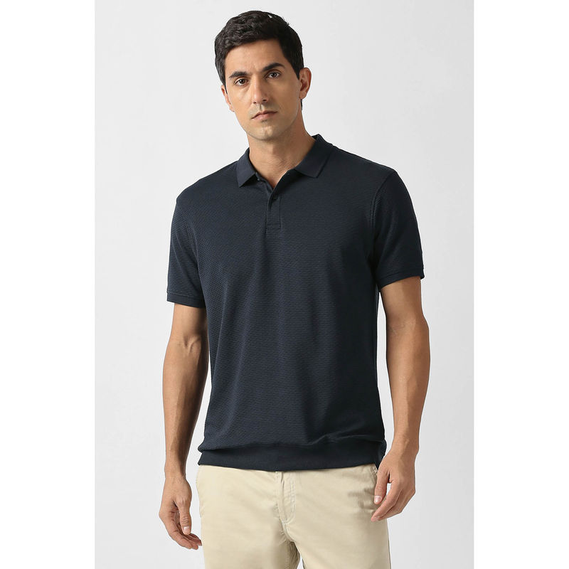 Van Heusen Men Navy Blue Textured Polo Neck T-shirt (S)