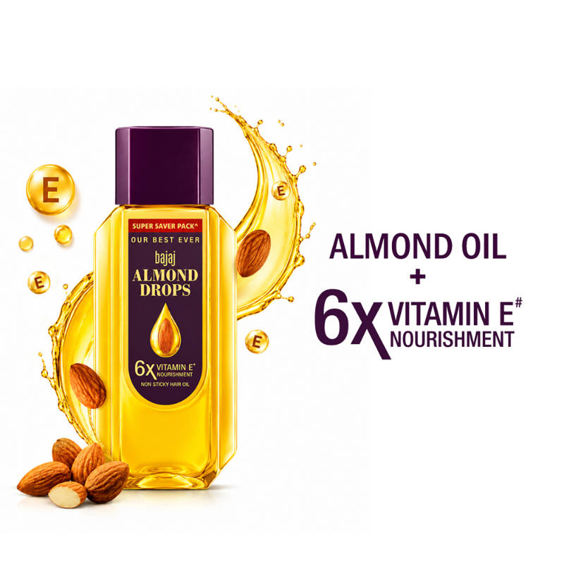 Bajaj Almond Drops Hair Oil, Light & Non-Sticky With 6X Vitamin E For 2X Hair Fall Reduction