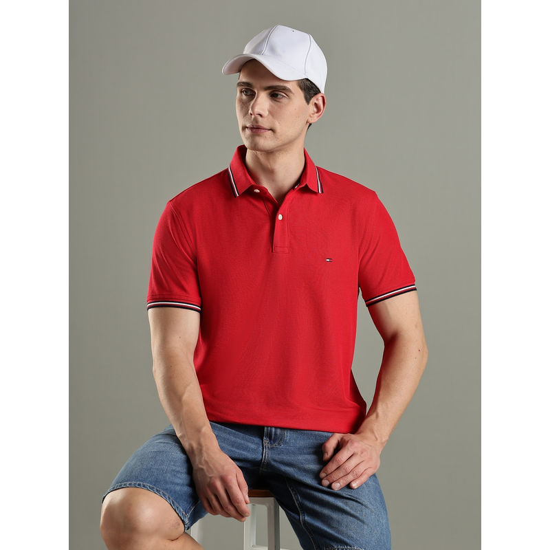 Tommy Hilfiger Red Solid Regular Fit Cotton Polo T-Shirt (M)
