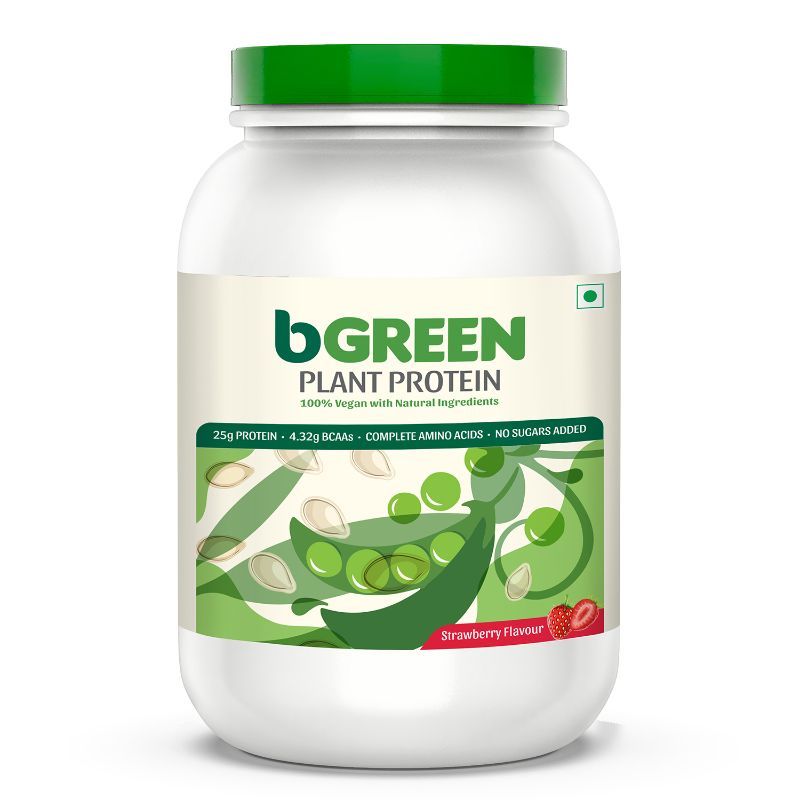 bGREEN by HealthKart Vegan Plant Protein Powder, 25 g Protein(Strawberry, 1 kg, 27 Servings)