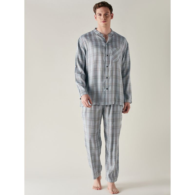 The Kaftan Company Light Blue Pure Cotton Checks Pyjama Blue (Set of 2) (S)