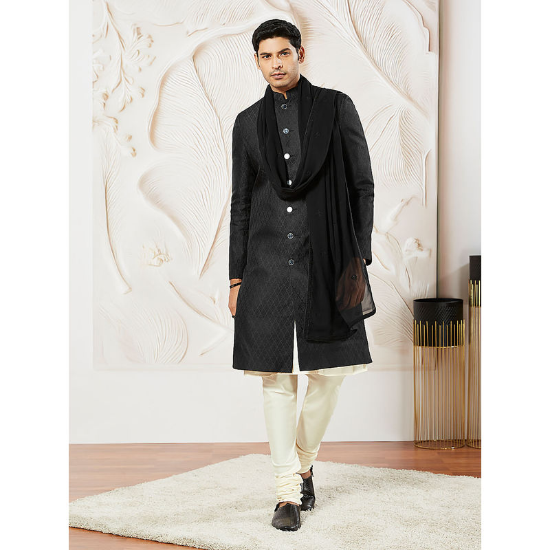 Vastramay Silk Blend Jacquard Sherwani with Kurta Pyjama and Embroidered Dupatta (Set of 4) (36)