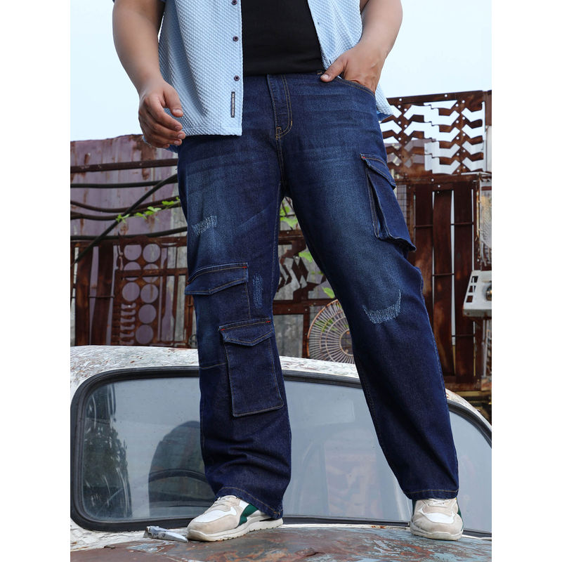 Instafab Plus Men Navy Blue Utility Cargo Denim Jeans (42)