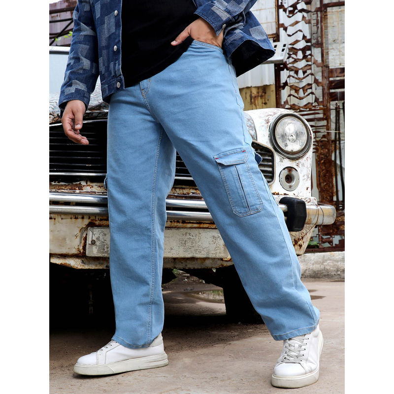 Instafab Plus Men Light Blue Straight Cargo Denim Jeans (44)