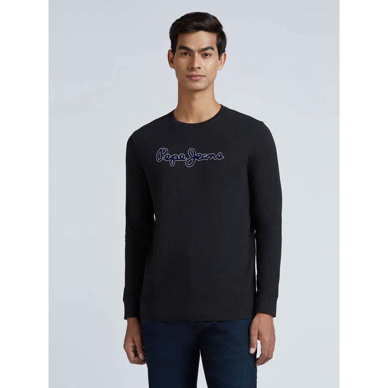 Pepe Jeans Black Solid Print Full Sleeved T-Shirt (XL)