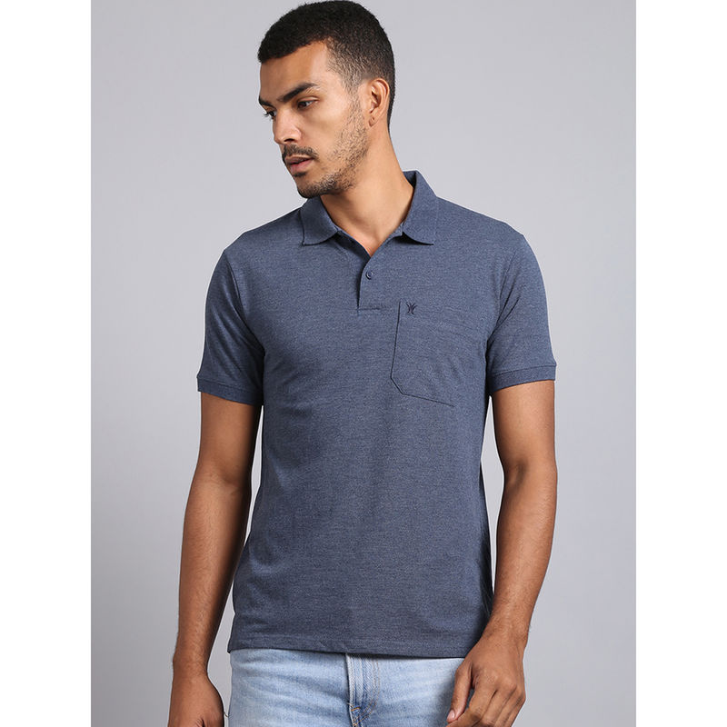 VENITIAN Men Solid Polo Neck Indigo Cotton T-Shirt With Pocket (XL)