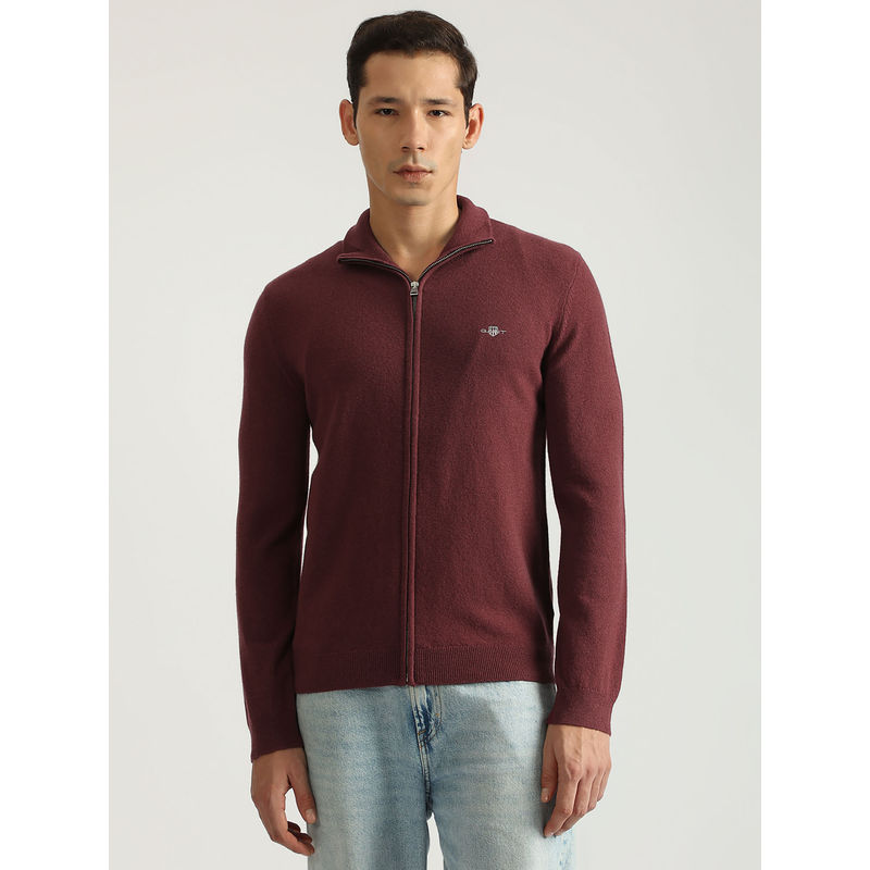 GANT Men Wine Solid Collared Full Sleeves Cardigan (S)