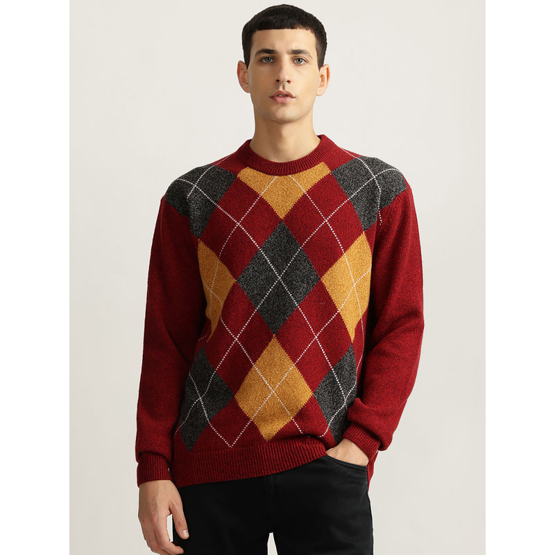GANT Men Red Checked Round Neck Full Sleeves Sweater (S)