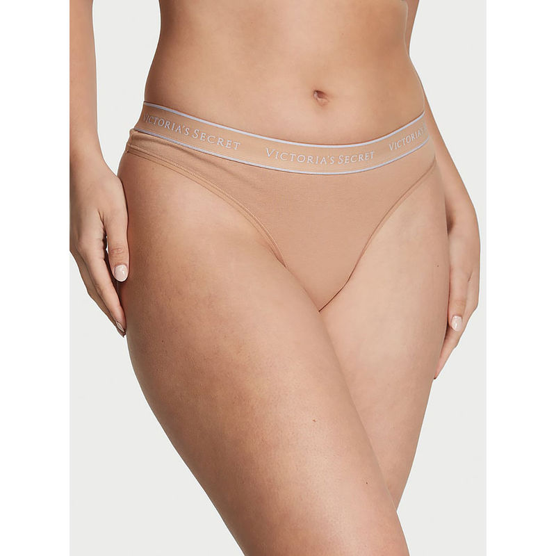 Victoria's Secret Cotton Logo Cotton Thong Panty Beige (L)