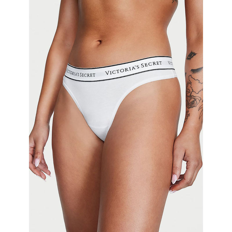 Victoria's Secret Cotton Logo Cotton Thong Panty White (XS)