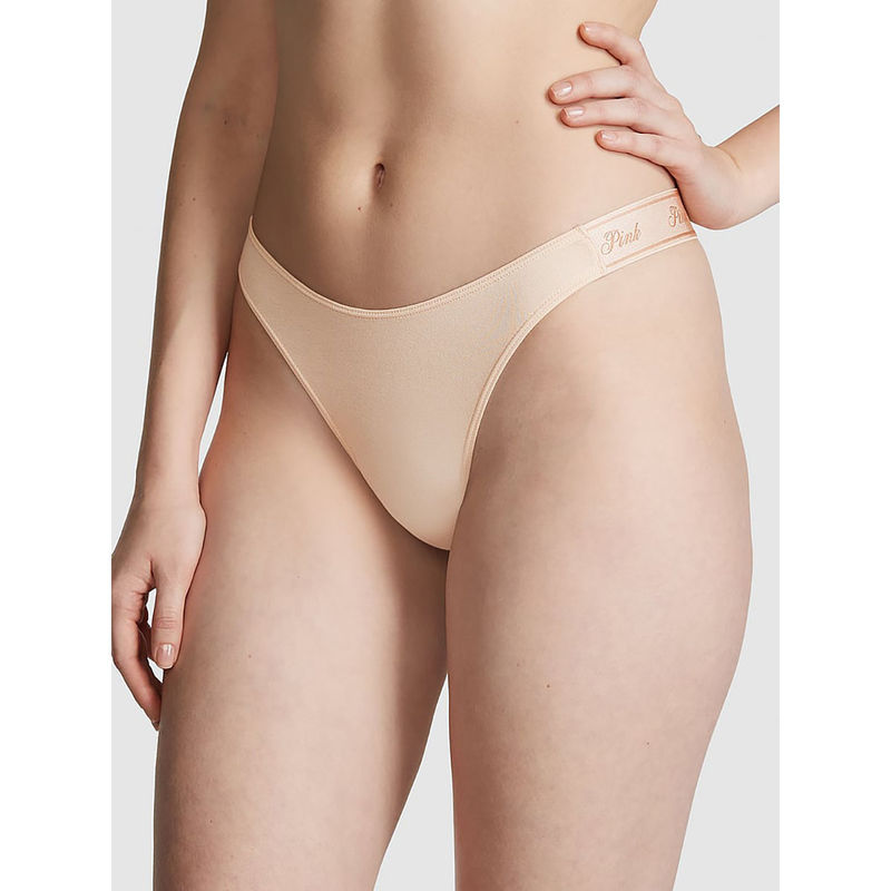 Victoria's Secret PINK Logo Cotton High-Leg Thong Panty Beige (XS)