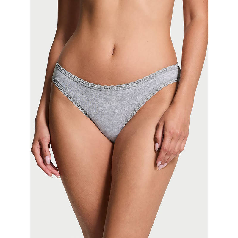 Victoria's Secret The Lacie Lace-Trim Cotton Bikini Panty Grey (XS)