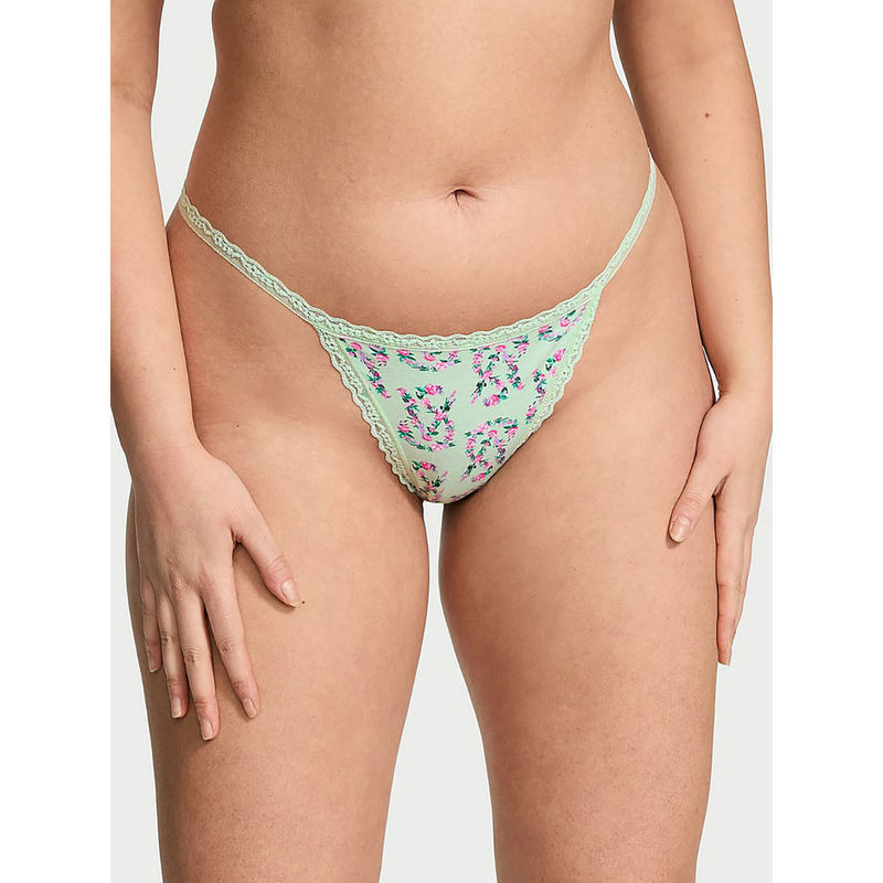 Victoria's Secret The Lacie Lace-Trim Cotton V-String Panty Green (XS)