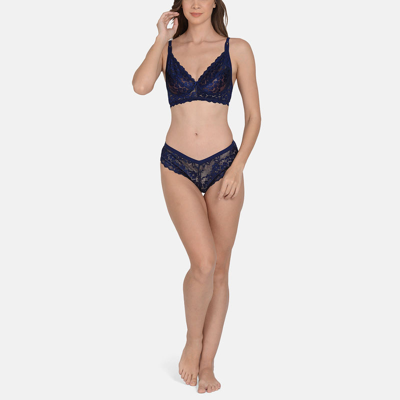 Mod & Shy Solid Soft Net Lingerie Set Navy Blue (40B)