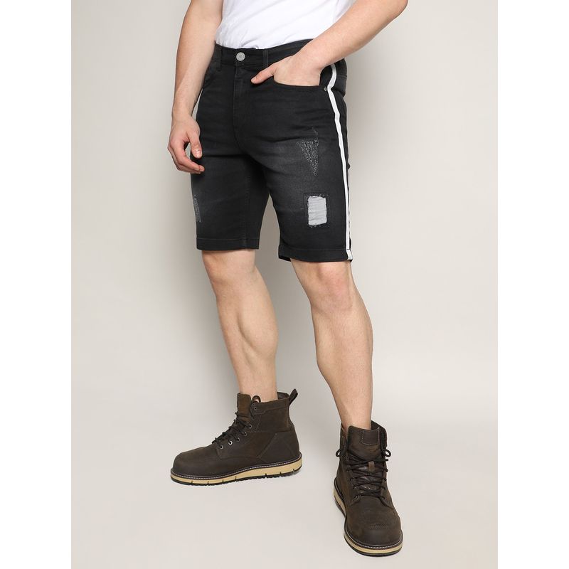 Campus Sutra Mens Charcoal Black Heavy Distressed Cargo Denim Shorts (32)