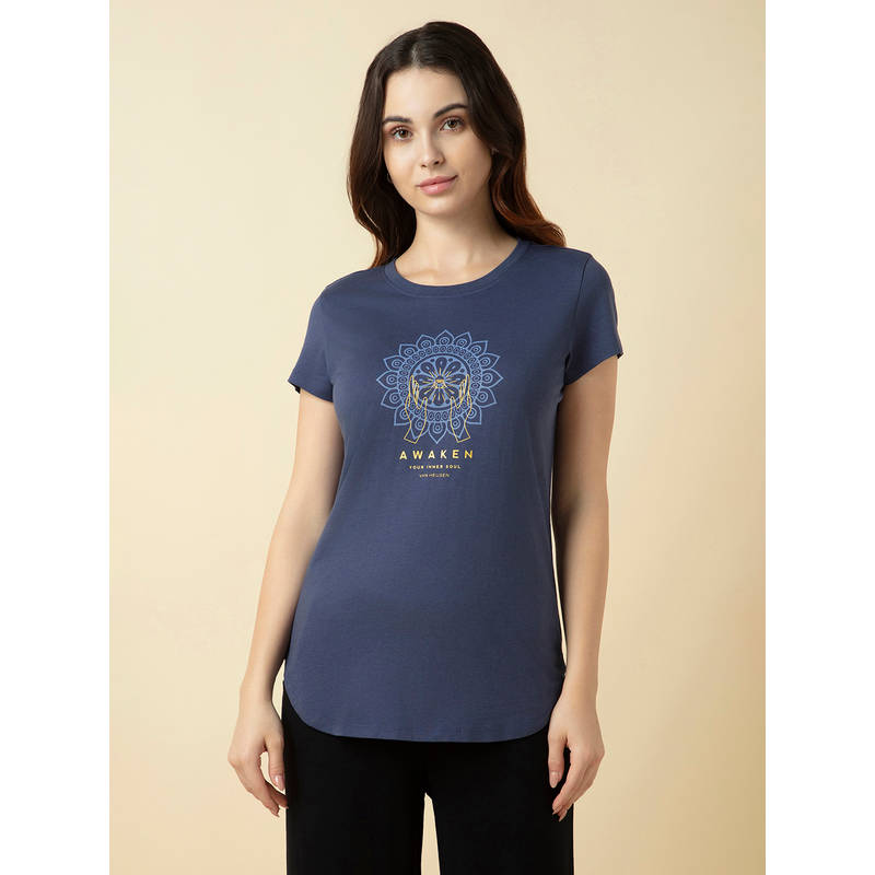 Van Heusen Woman Lingerie and Athleisure Blue Printed Relaxed Fit Loungewear T-Shirt (M)