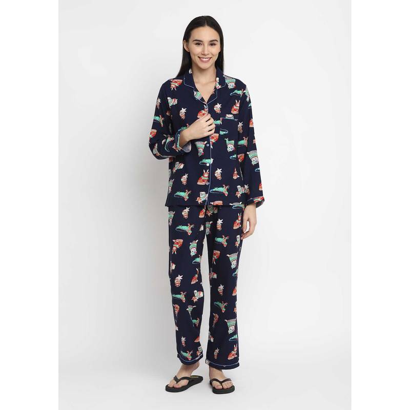 Shopbloom Dog And Cat Print Cotton Flannel Long Sleeve Womens Nightsuit (XS)