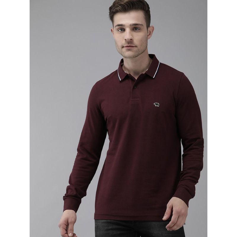 The Bear House Men's Maroon Long Sleeves Polo With Collar Tipping (L)