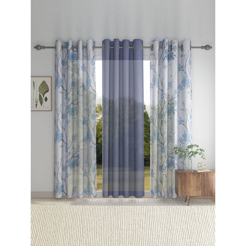 HOSTA HOMES Blue 9 Feet Long Door Curtains (Set Of 3)