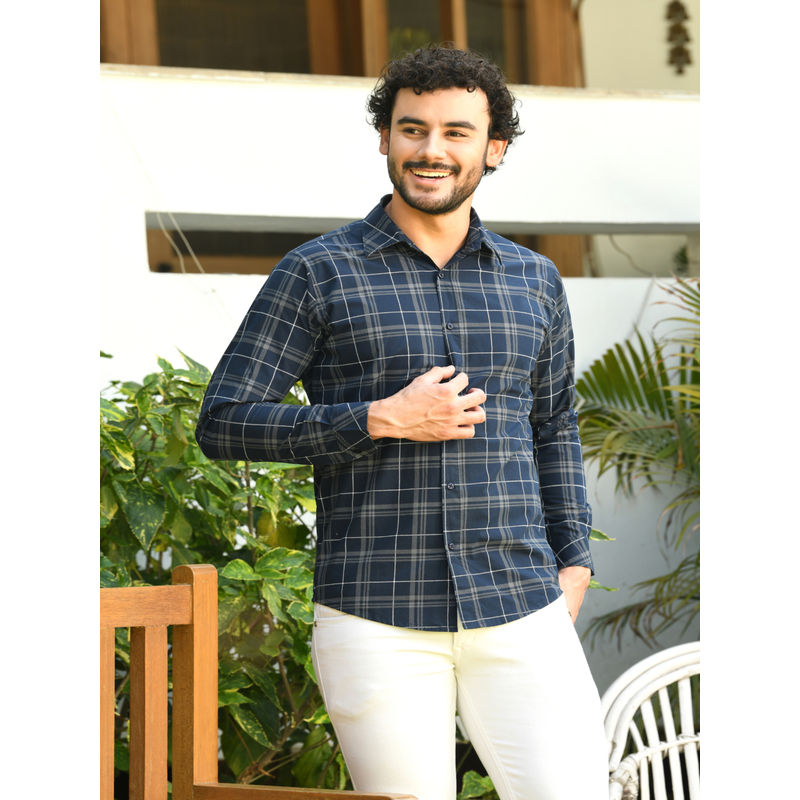 HONNETE Mens Navy Blue Checks Cotton Regular Fit Casual Shirt (S)