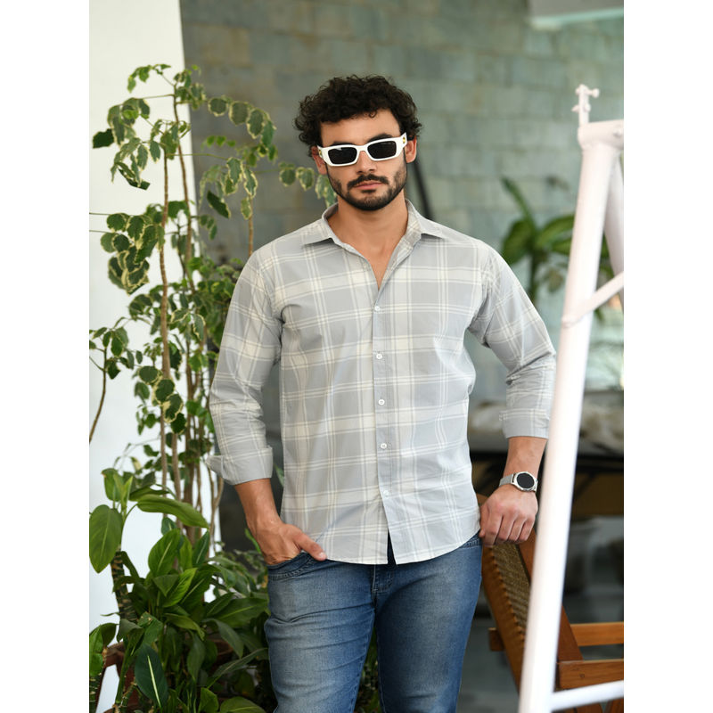 HONNETE Mens Light Grey Checks Cotton Regular Fit Casual Shirt (L)