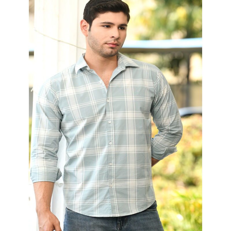 HONNETE Mens Light Green Checks Cotton Regular Fit Casual Shirt (L)