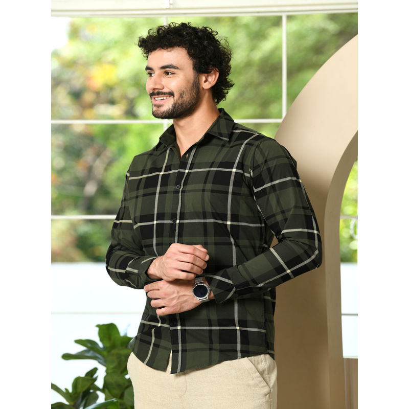 HONNETE Mens Olive Checks Cotton Regular Fit Casual Shirt (L)