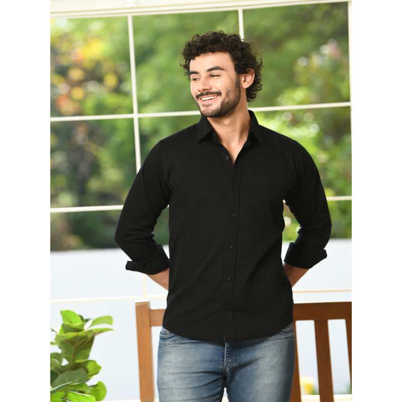 HONNETE Mens Black Solid Cotton Regular Fit Casual Shirt (S)