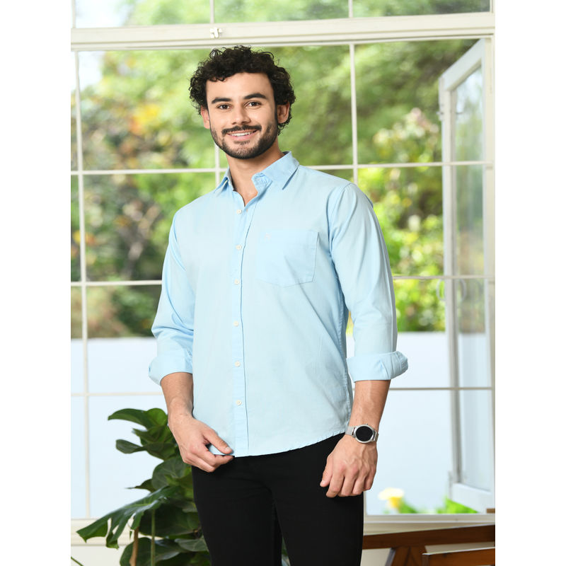 HONNETE Mens Light Blue Solid Cotton Regular Fit Casual Shirt (S)