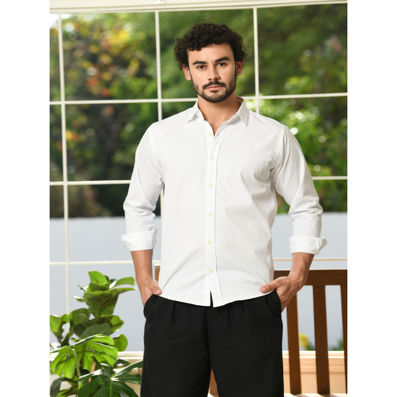 HONNETE Mens White Solid Cotton Regular Fit Casual Shirt (S)
