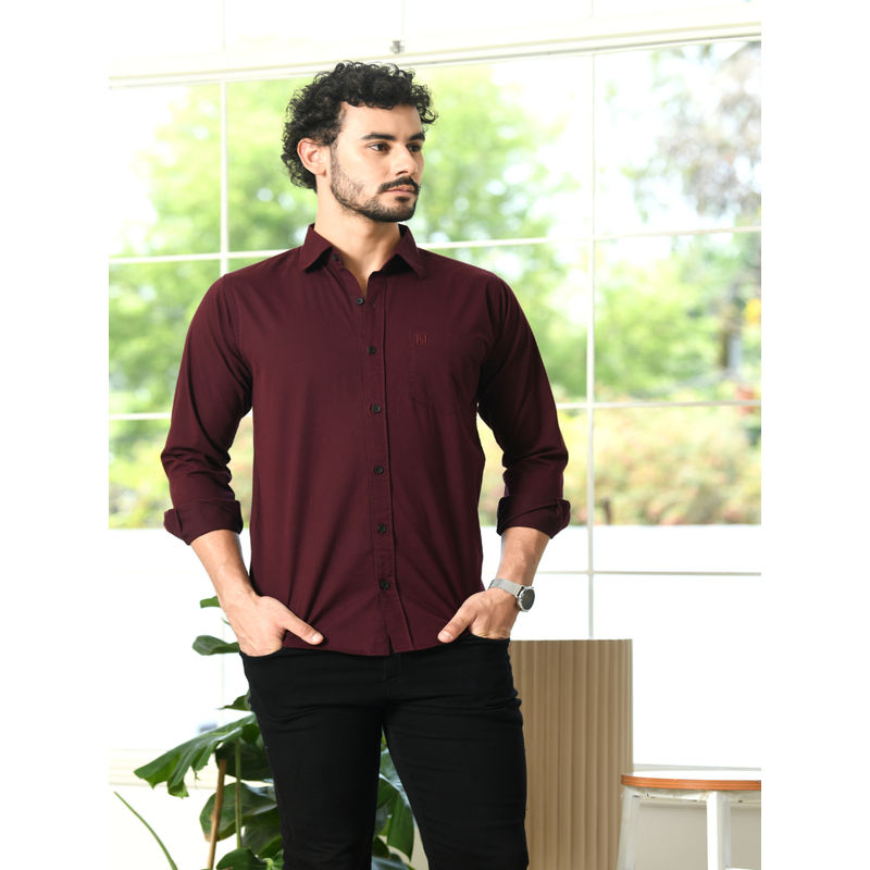 HONNETE Mens Maroon Solid Cotton Regular Fit Casual Shirt (M)