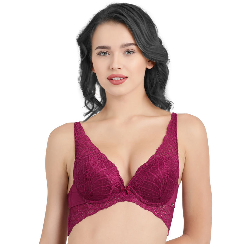 Enamor F091 Butterfly Cleavage Enhancer Plunge Push-Up Bra - Padded Wired Medium Coverage - Plum