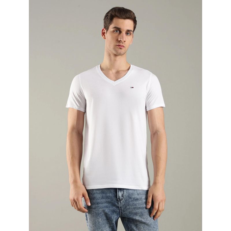 Tommy Hilfiger Solid Slim Fit Cotton White T-Shirt (M)