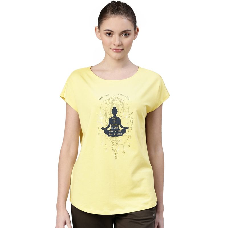 Enamor Womens Athleisure E131-Short Sleeve Boat Neck Antimicrobial Stretch Cotton Tshirt-Yellow (L)
