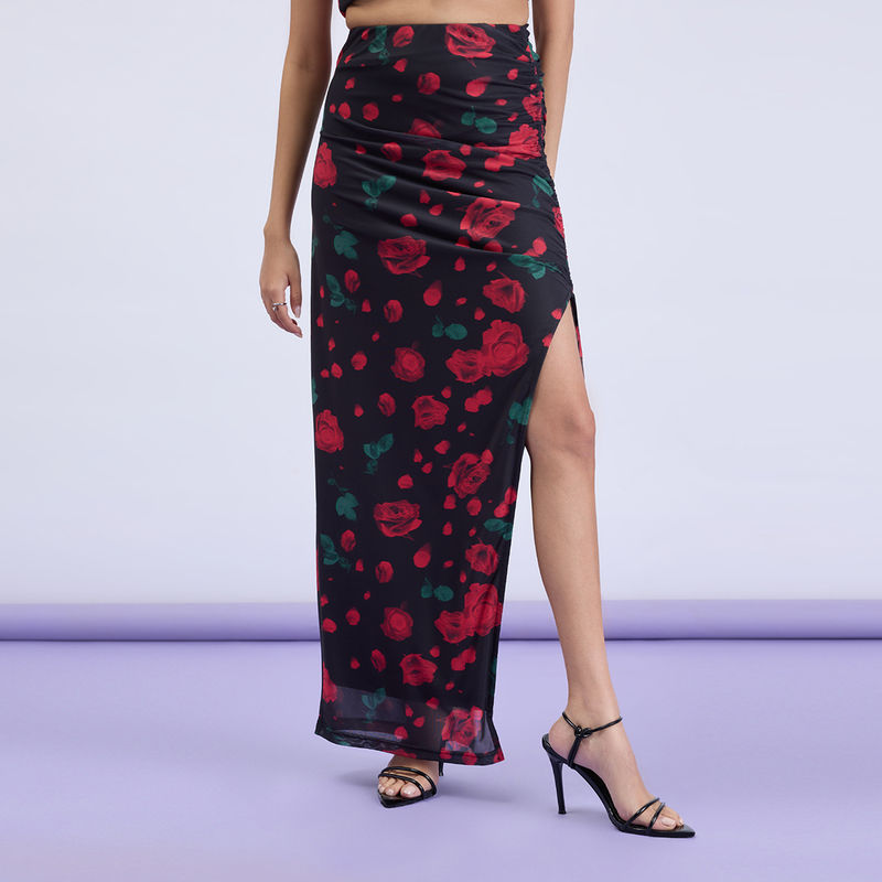 MIXT by Nykaa Fashion Black and Red Floral Bodycon High Slit Column Maxi Skirt (26)