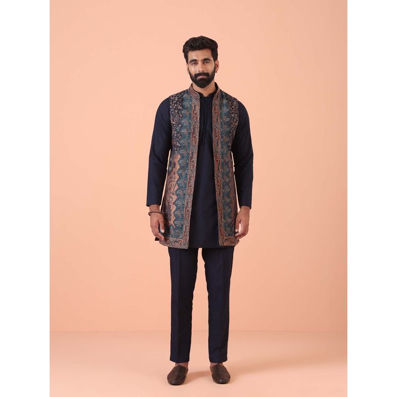 KISAH Navy Blue Woven Design Kurta with Jacket & Trouser (Set of 3) (42)