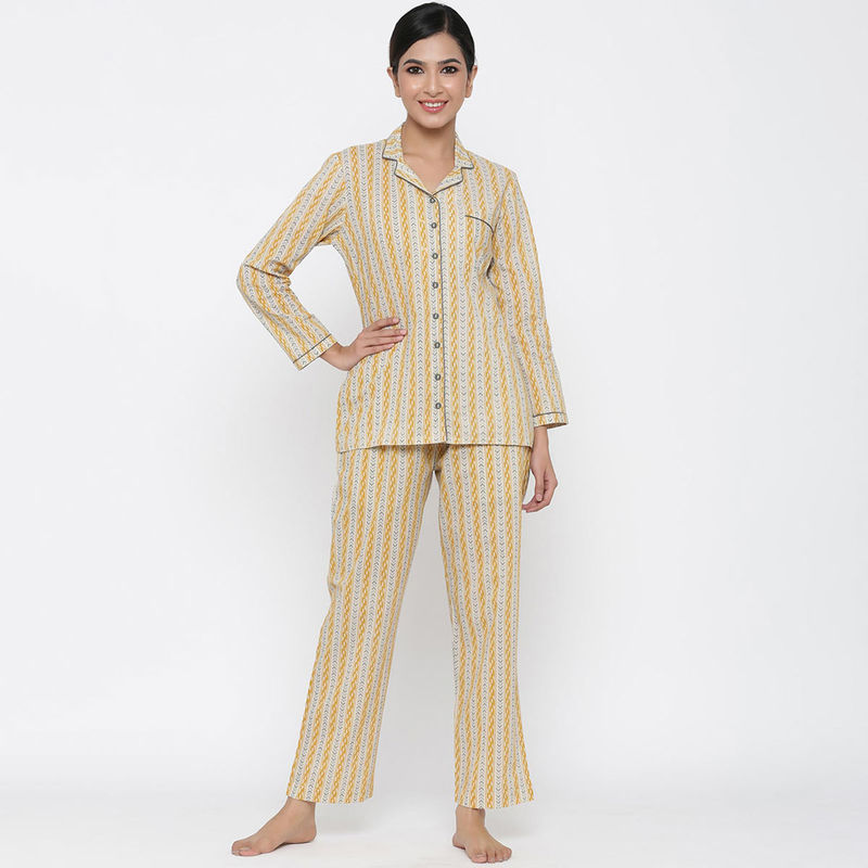 Jaipur Kurti Mustard Printed Night Suit (Set of 2) (XXL)