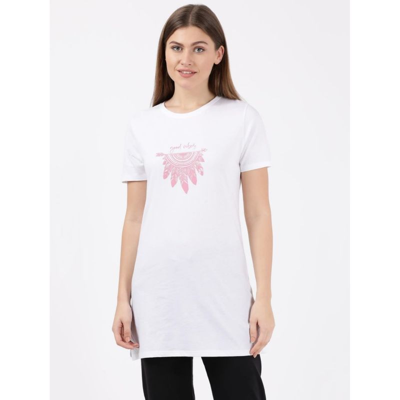 Jockey UL48 Women Cotton Printed Long Length T-Shirt - White Assorted Prints (L)