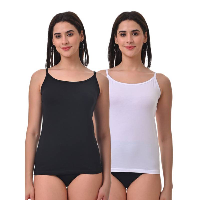 Adira Women Soft Adjustable Shoulder Elastic Camisole Black & White (Pack of 2) (S)