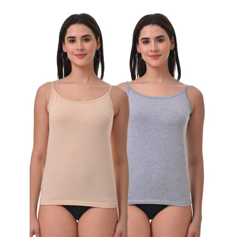Adira Women Soft Adjustable Shoulder Elastic Camisole Beige & Grey (Pack of 2) (XL)