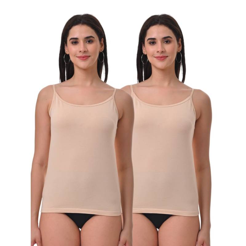Adira Women Soft Adjustable Shoulder Elastic Camisole Beige (Pack of 2) (S)