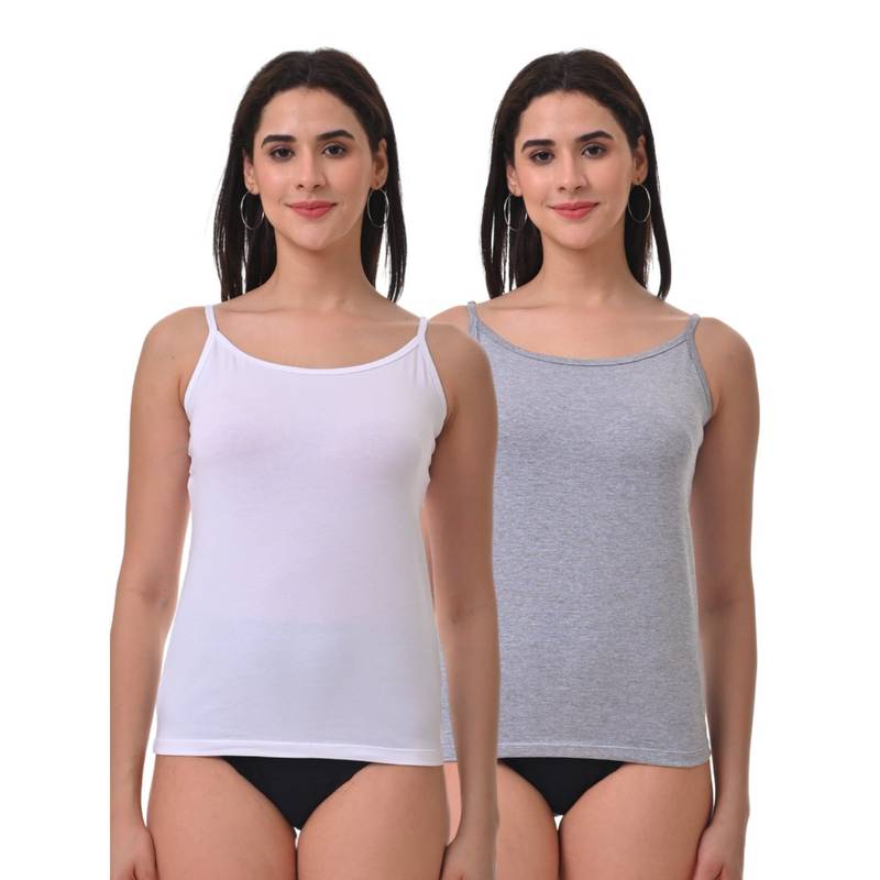 Adira Women Soft Adjustable Shoulder Elastic Camisole White & Grey (Pack of 2) (S)