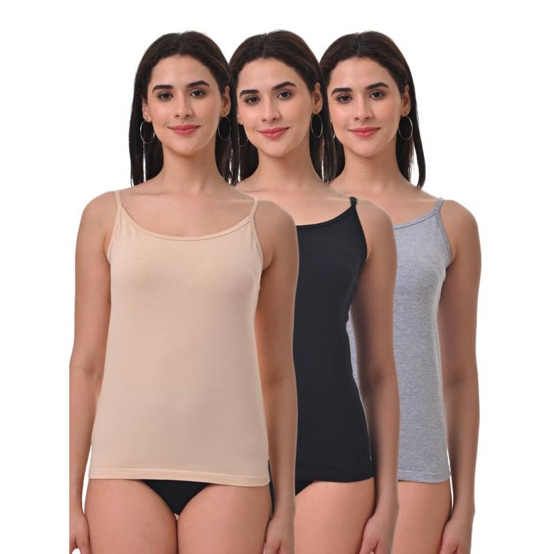 Adira Women Soft Adjustable Shoulder Elastic Camisole Multi-Color (Pack of 3) (S)