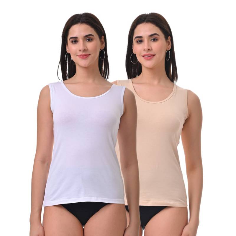 Adira Inner Tank Style Camisole with Wide Shoulder White & Beige (Pack of 2) (M)