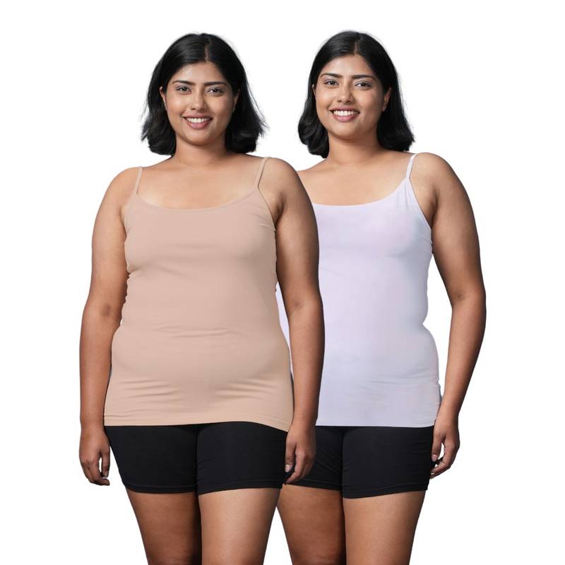 Adira Plus Size Women Soft Adjustable Shoulder Elastic Camisole White & Beige (Pack of 2) (3XL)