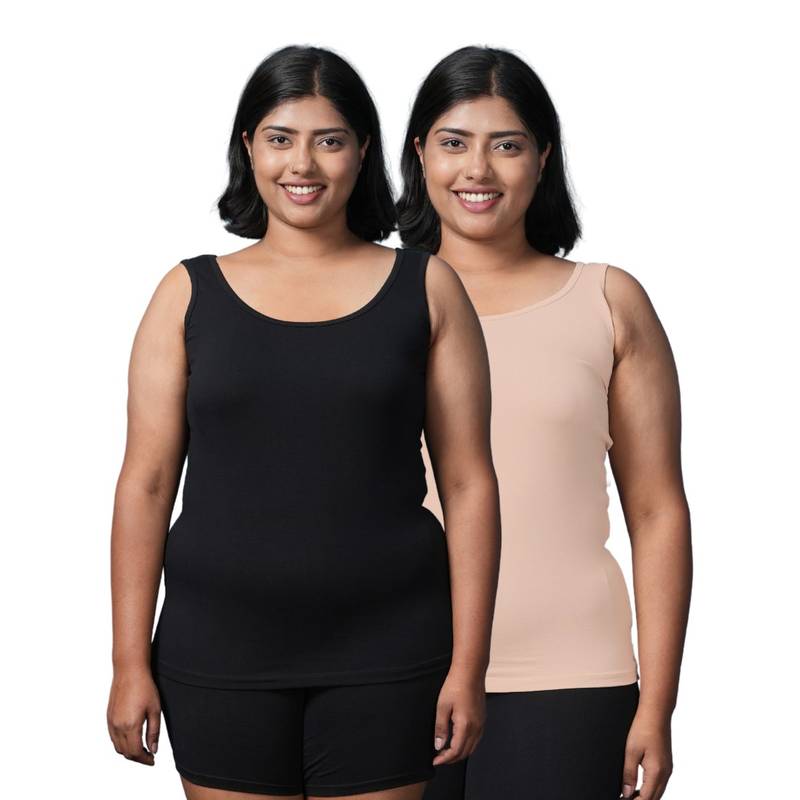Adira Plus Size Inner Tank Style Camisole with Wide Shoulder Black & Beige (Pack of 2) (3XL)