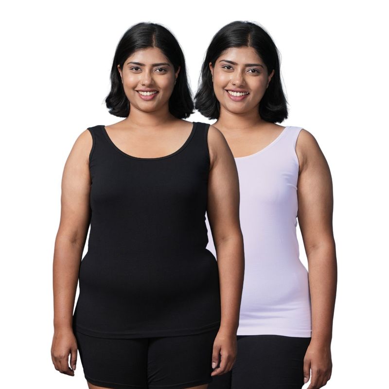 Adira Plus Size Inner Tank Style Camisole with Wide Shoulder Black & White (Pack of 2) (5XL)