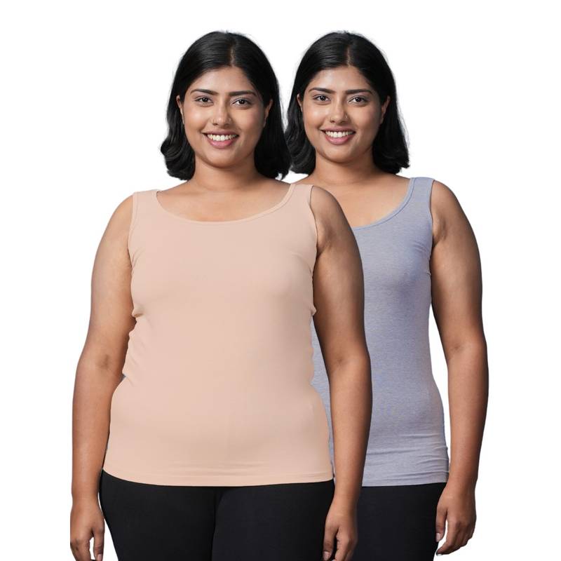 Adira Plus Size Inner Tank Style Camisole with Wide Shoulder Beige & Grey (Pack of 2) (3XL)