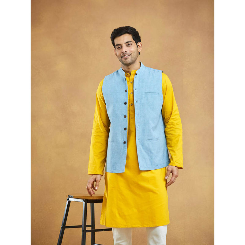 Fabindia Men Blue Cotton Dobby Woven Nehru Jacket (XS)