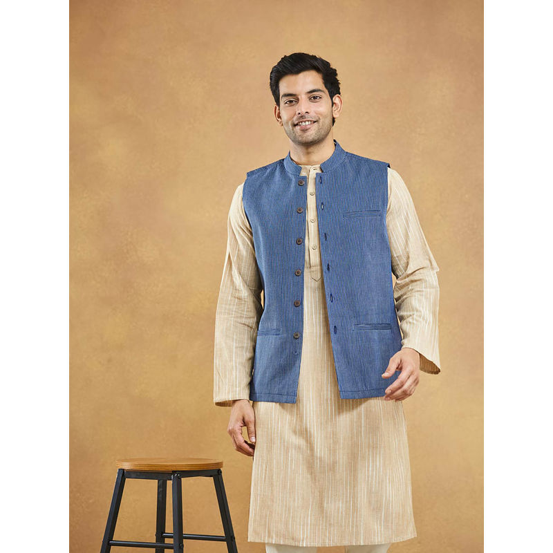 Fabindia Men Navy Cotton Stripes Printed Nehru Jacket (XL)